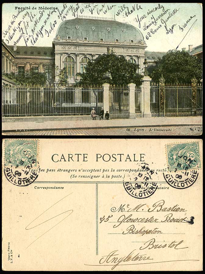 France 1908 Old Postcard University Lyon Universite, Faculte de Medicine Faculty