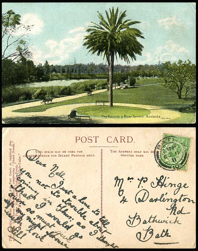 Australia Adelaide 1911 Old Colour Postcard The Rotunda and River Torrens, Trees
