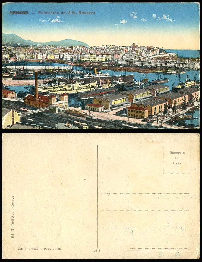 Italy Old Colour Postcard Genova Panorama da Villa Rosazza, Steam Ships, Harbour