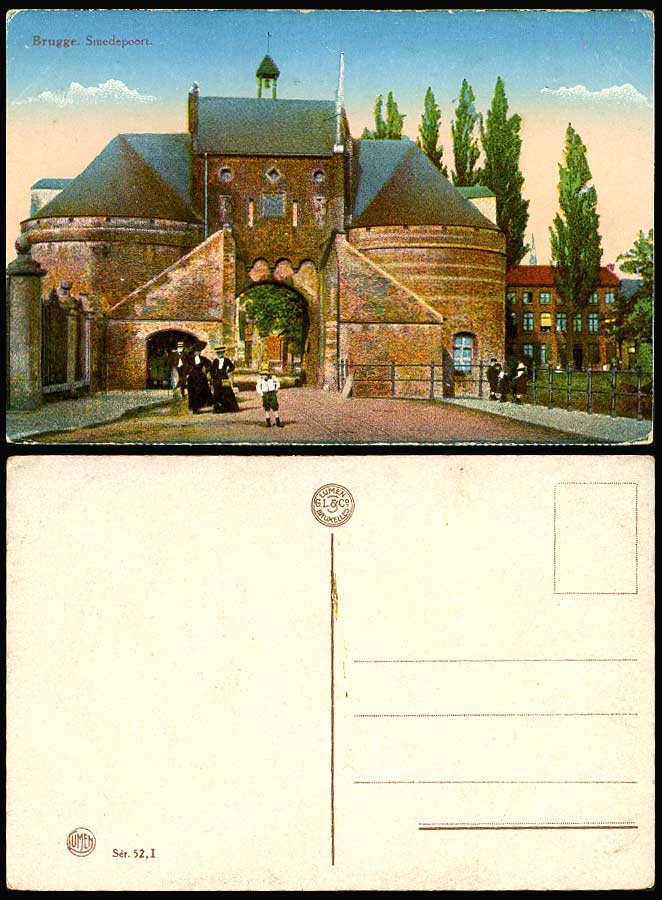 Belgium Bruges Brugge Smedepoort Boy Women Gate Street Scene Old Colour Postcard