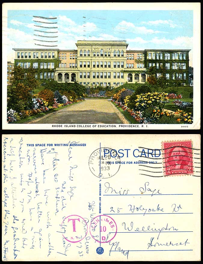 Postage Dues USA 1933 Old Postcard Rhode Island College of Education, Providence