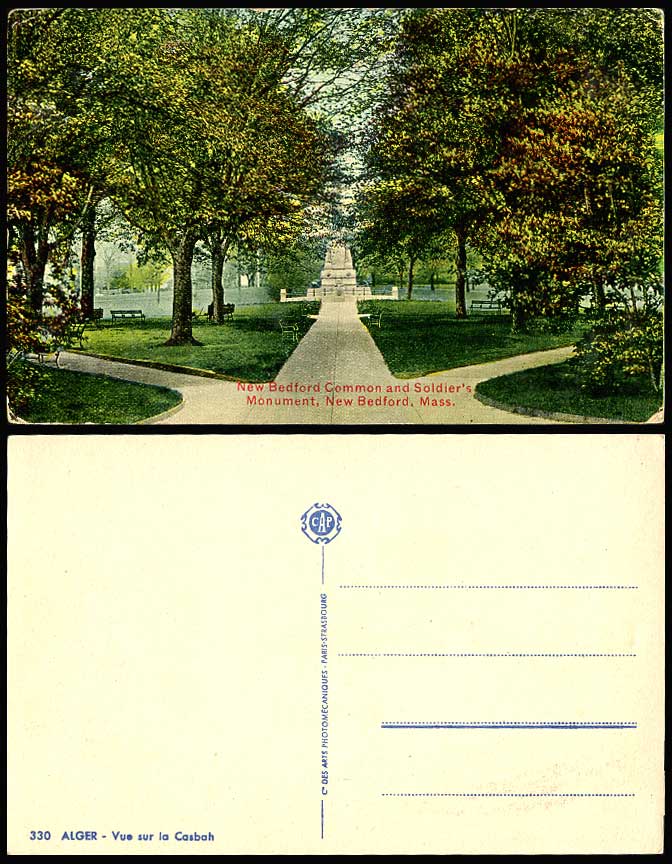 USA Mass. Old Color Postcard New Bedford Common Soldier's Monument Massachusetts