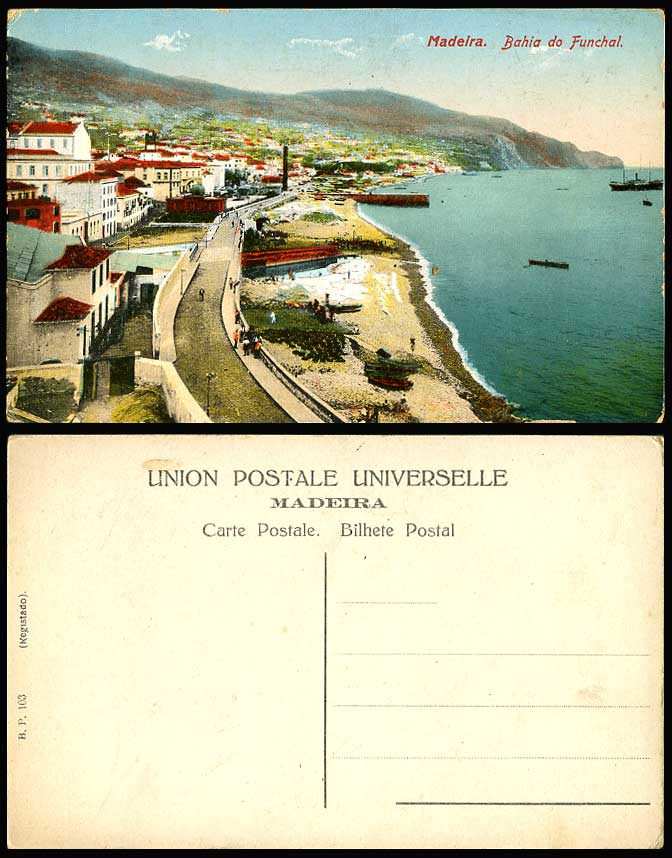 Portugal Madeira, Bahia do Funchal, Beach, Street Scene Ship Old Colour Postcard