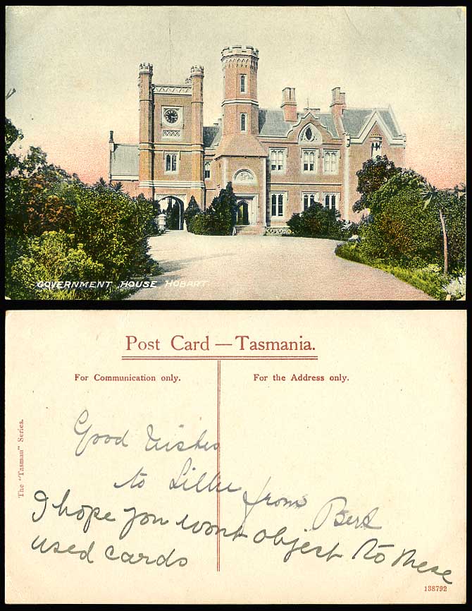 Australia Tasmania, HOBART Government House 1908 Old Colour Postcard Clock Tower