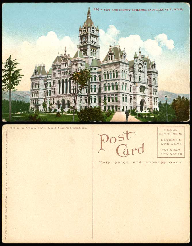 USA Old Colour Postcard City & County Buildings Clock Tower, Salt Lake City Utah