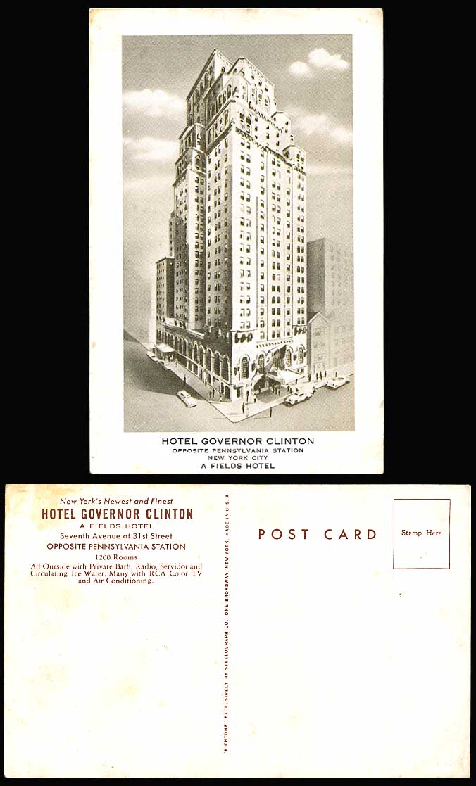 USA Old Postcard Hotel Governor Clinton nr. Station New York City A Fields Hotel