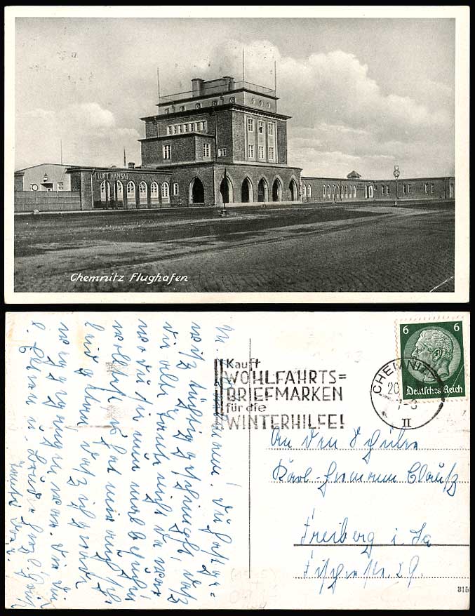 Germany 1936 Old Postcard CHEMNITZ FLUGHAFEN Airport, Lufthansa, Aviation, Slogn