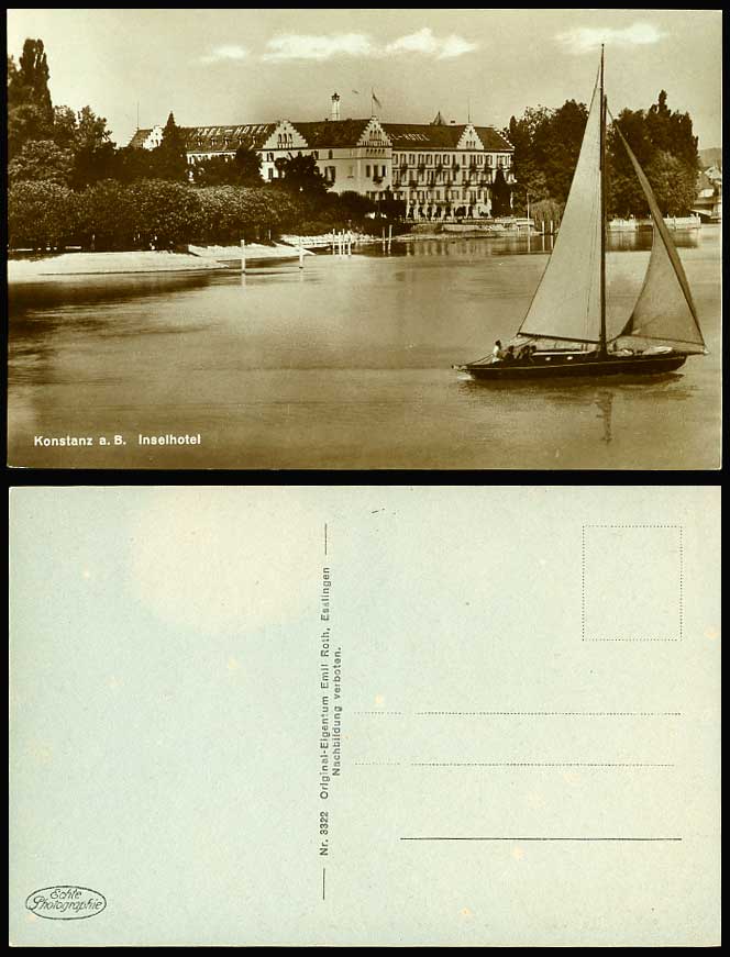 Germany Konstanz a B Inselhotel Insel Hotel Sailing Boat Yacht Old R.P. Postcard