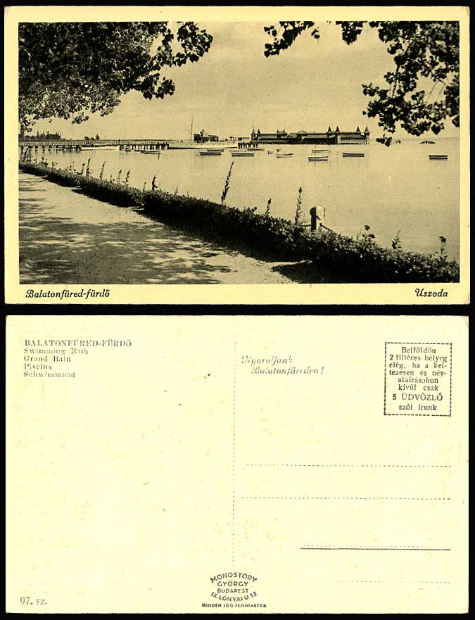 Hungary Old Postcard Balatonfured-furdo Uszoda Swimming Bath, Pier Boats Steamer