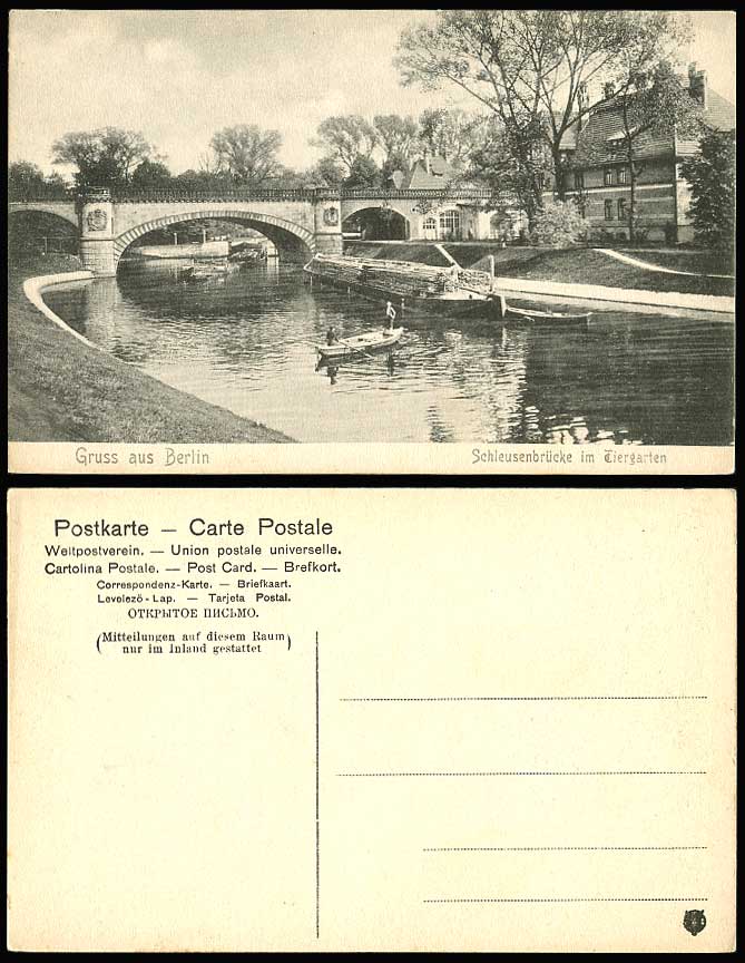 Gruss aus BERLIN Old Postcard Schleusenbruecke im Tiergarten Bridge Boats in Zoo