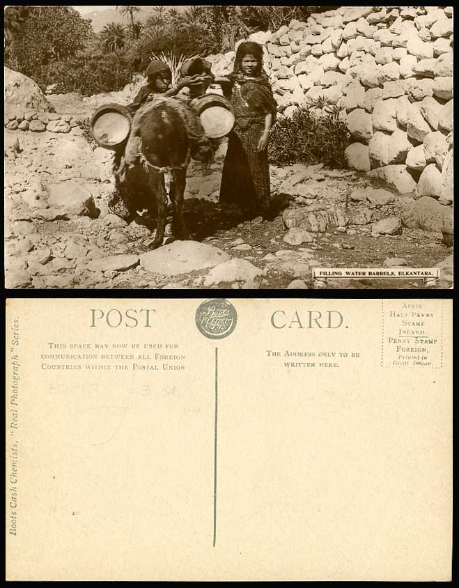 Algeria Old Postcard El Kantara Donkey Native Little Girls Filling Water Barrels
