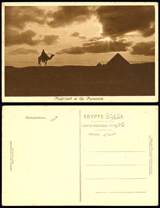 Egypt Old Postcard Cairo Night-Fall at The PYRAMIDS, Native Camel Rider Le Caire
