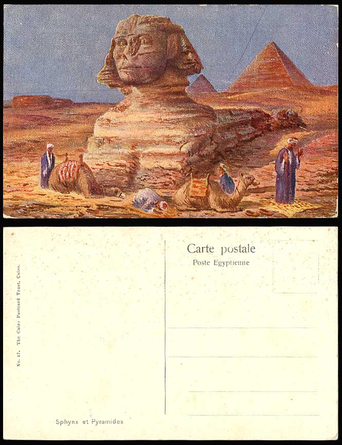 Egypt Old Art Drawn Postcard SPHINX PYRAMIDS GIZA Sphynx Pyramides Prayer Camels