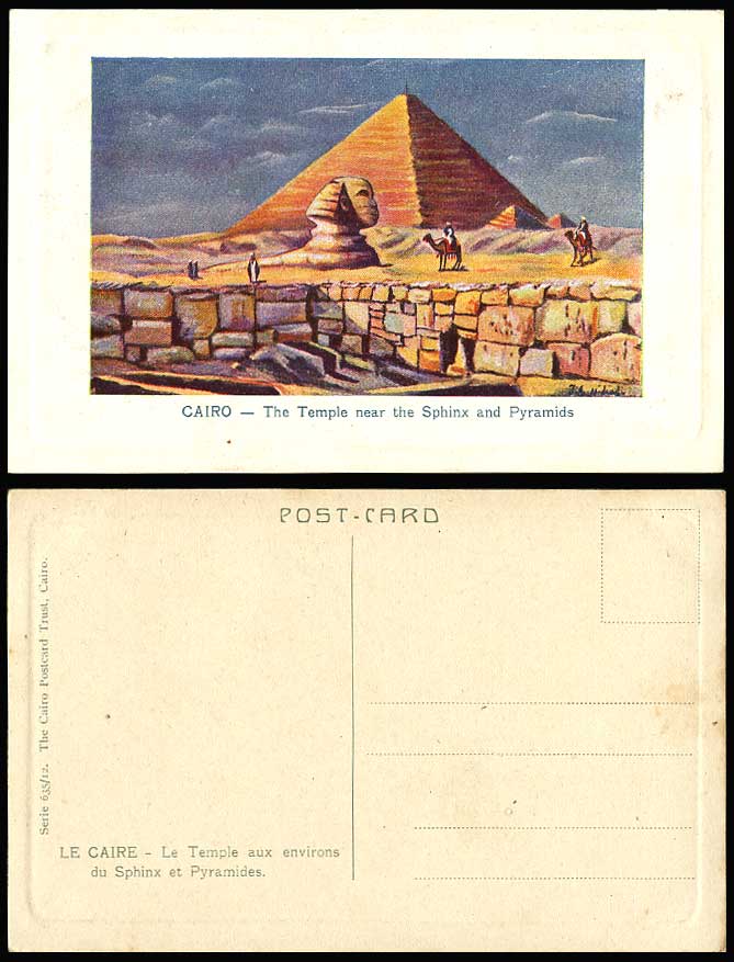 Egypt Old Postcard Cairo Temple near Pyramids & SPHINX J.A Midiads Artist Signed