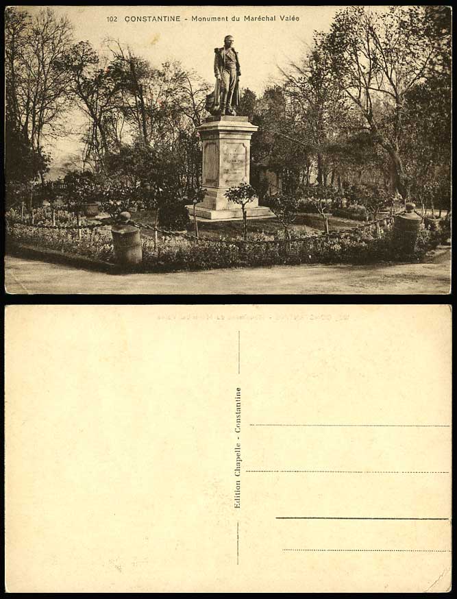 Algeria Old Postcard Constantine Monument du Marechal Valee Memorial Statue Gdn.