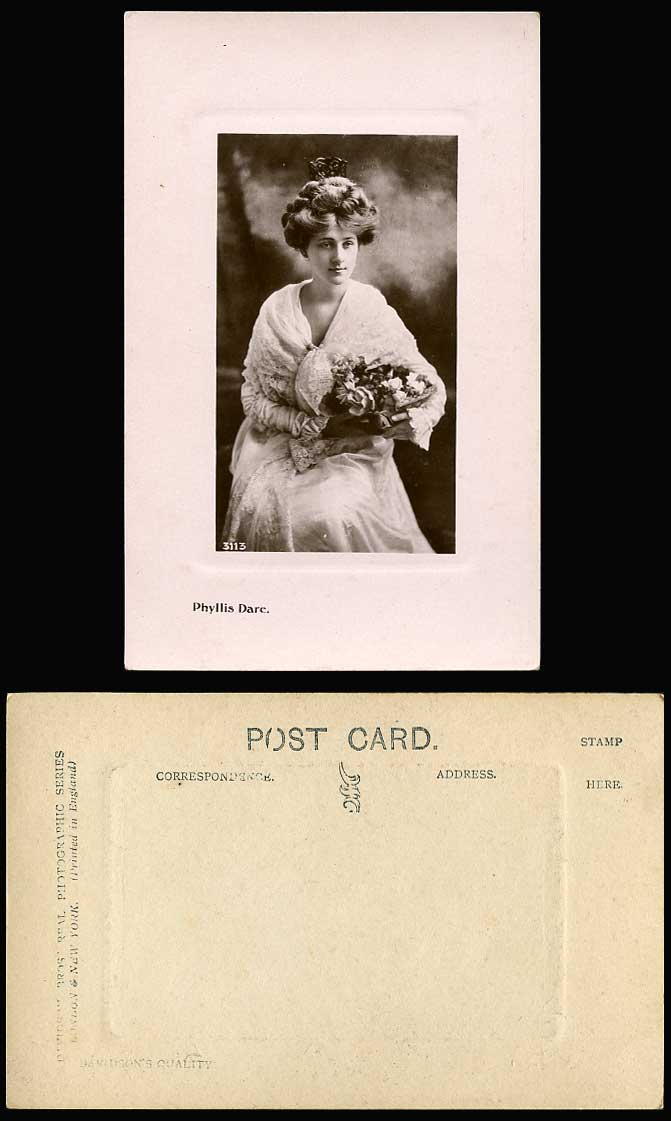 Edwardian Actress Miss PHYLLIS DARE Holding Flowers Old Real Photograph Postcard