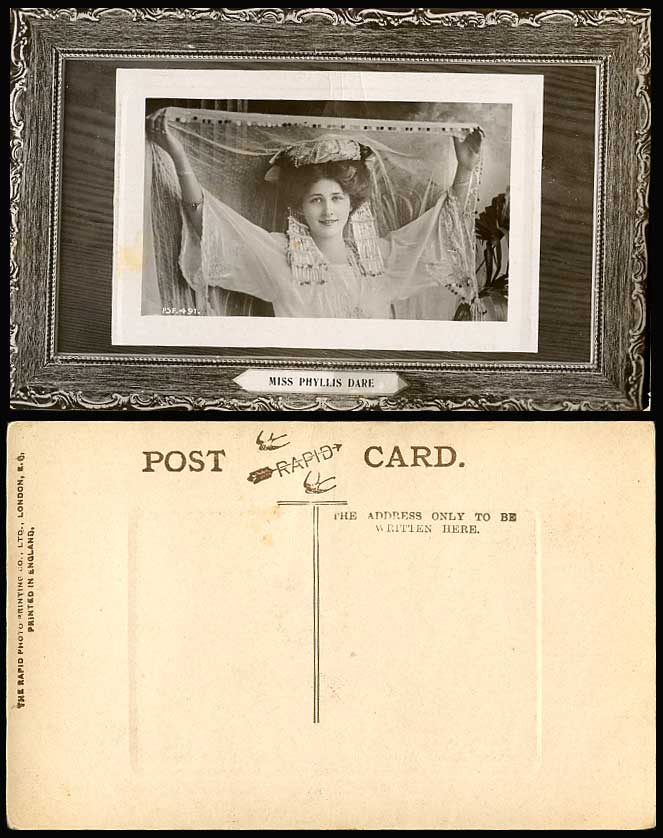 Edwardian Actress Miss PHYLLIS DARE Shawl Stage Costumes Old Real Photo Postcard