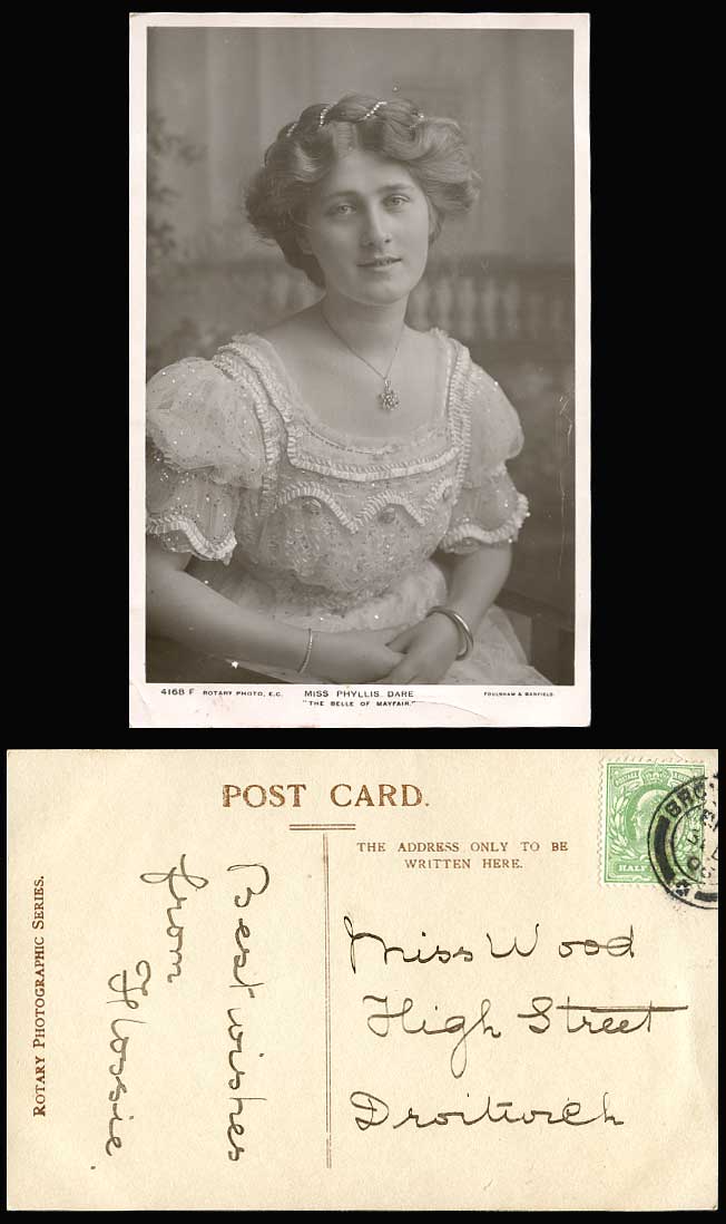 Actress Miss PHYLLIS DARE The Belle of Mayfair 1905 Old Real Photo Postcard R.P.