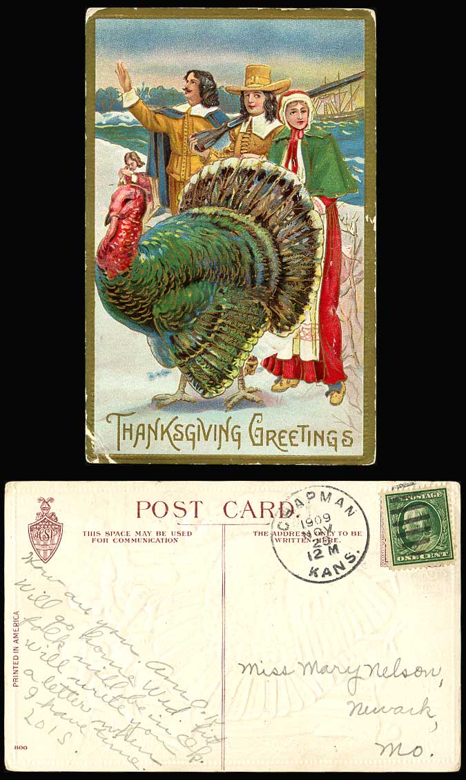 Turkey Bird, Hunter with Gun, Thanksgiving Greetings 1923 Old Embossed Postcard