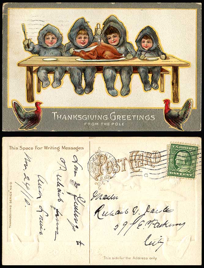 Eskimo Children Turkey Birds Thanksgiving Greetings from Pole 1910 Old Postcard