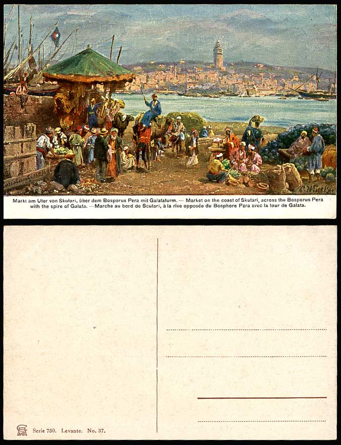 Turkey C. Wuttke Old Postcard Market on Coast Skutari Bosporus Pera Spire Galata
