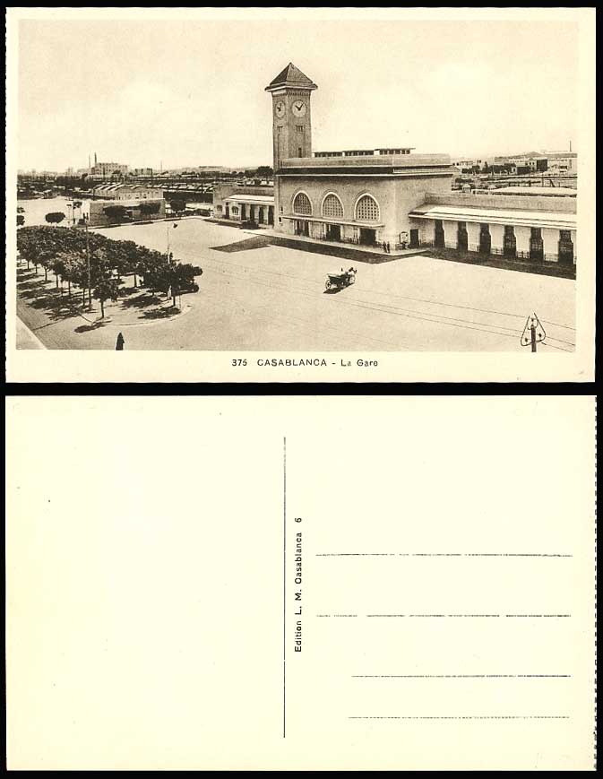 Morocco Casablanca Old Postcard La Gare Train Railway Station Clock Tower Street