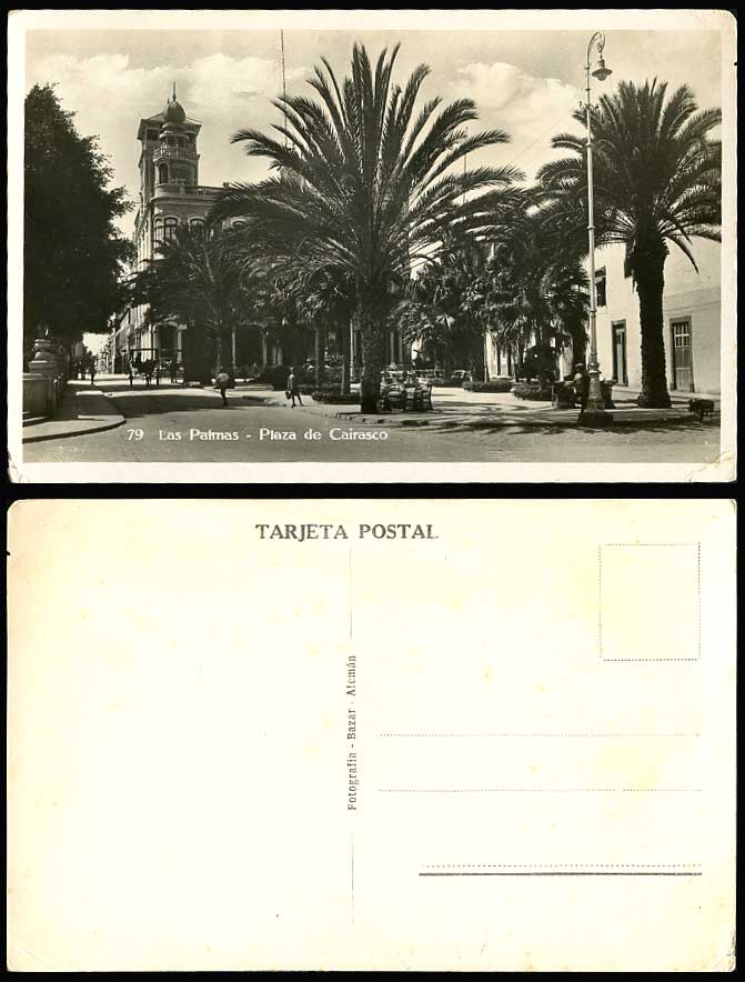 Spain Old Real Photo Postcard Las Palmas Plaza de Cairasco, Street Scene & Palms