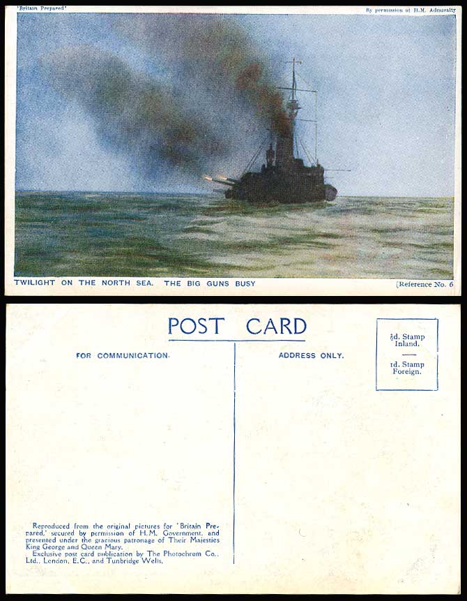 WW1, Twilight North Sea, Big Guns Busy, Warship Battleship Military Old Postcard