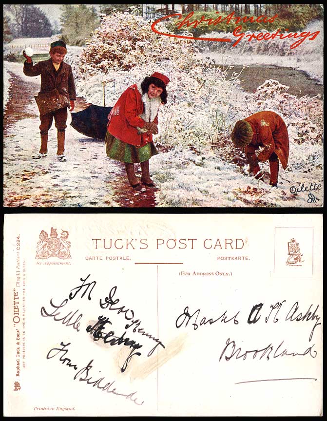 Snow Fight Children Boys & Girl Christmas Greetings, Tuck's Oilette Old Postcard