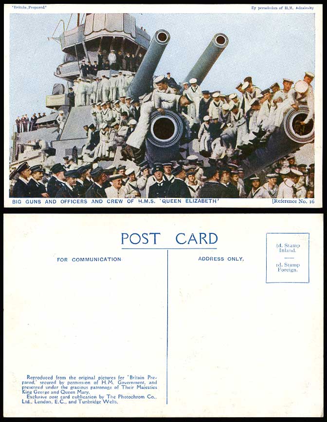 WW1 Big Guns & Officers and Crew of H.M.S. Queen Elizabeth Military Old Postcard