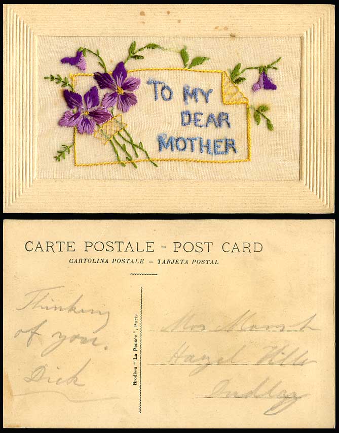 WW1 SILK Embroidered Old Postcard TO MY DEAR MOTHER, Flowers, Greetings ...