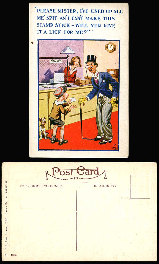 Boy Can't make this stamp stick Will yer give it a lick for me? DOG Old Postcard