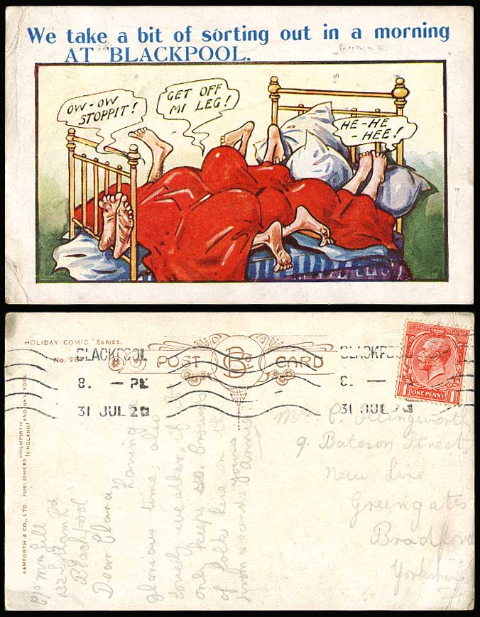 Blackpool Comic Bit of Sorting Out in Morning, Get Off Mi Leg! 1920 Old Postcard