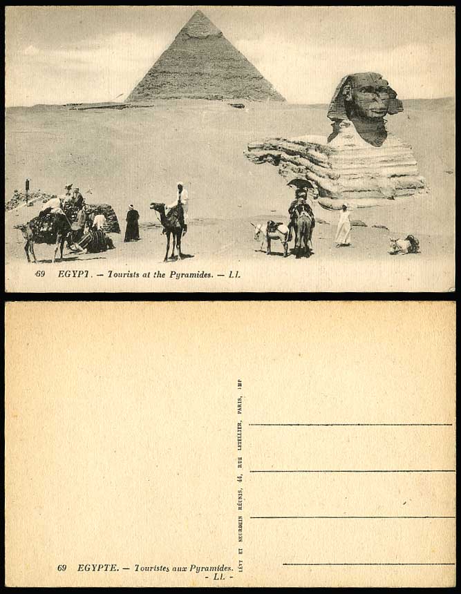 Egypt Old Postcard SPHINX Tourists at Pyramids Pyramides, Camels Donkeys L.L. 69