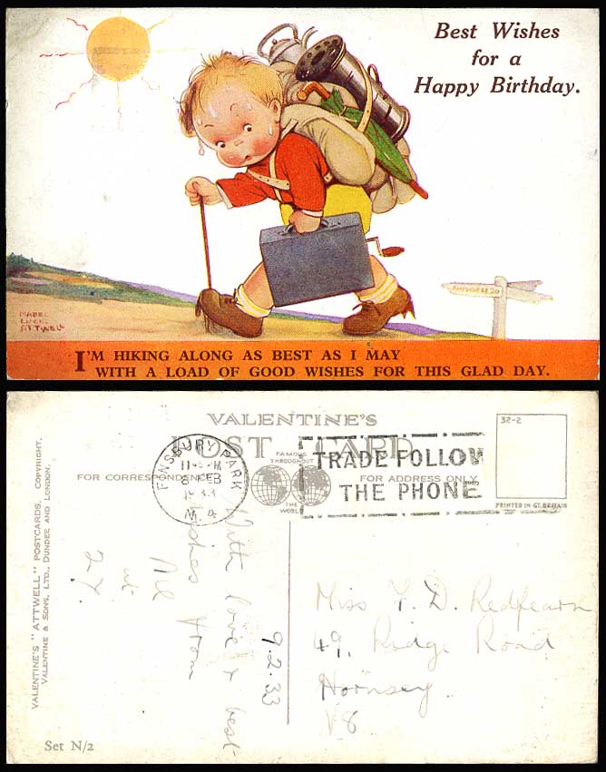 MABEL LUCIE ATTWELL Old Postcard A Boy Hiking Alone with Load of Good Wishes N/2