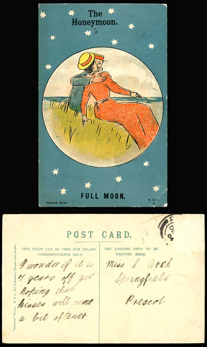 The Honeymoon Full Moon, Man & Lady Woman Kissing by The Sea 1904 Old Postcard