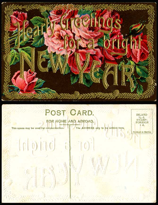 Roses Rose Flowers, Hearty Greetings for a Bright New Year Old Embossed Postcard