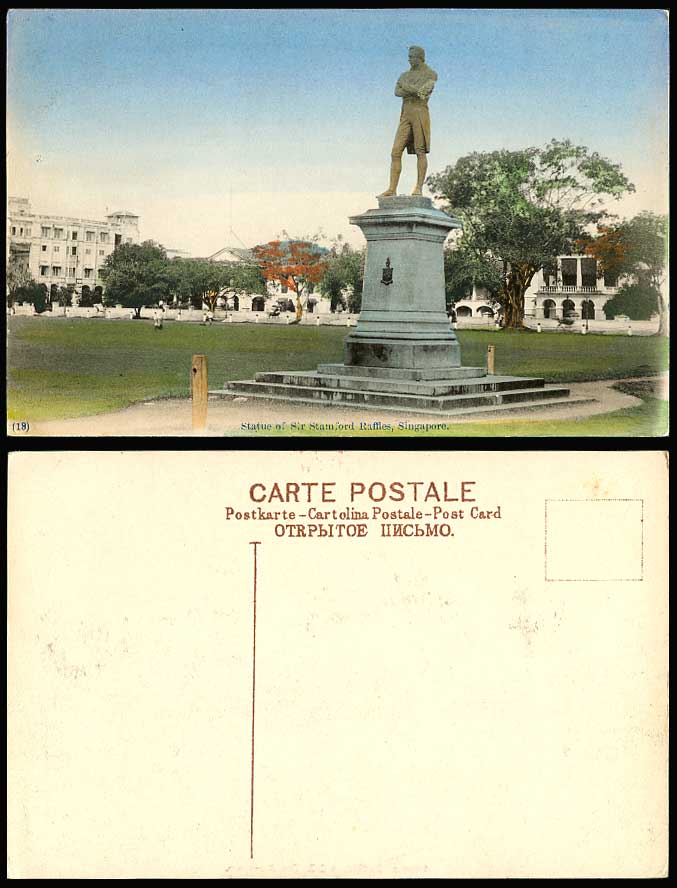 Singapore Old Hand Tinted Postcard Statue of SIR STAMFORD RAFFLES Monument No.18