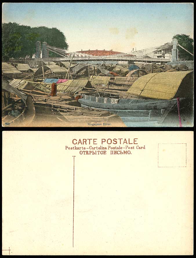 Singapore River Bridge Sampans Native Boats 136 Harbour Old Hand Tinted Postcard
