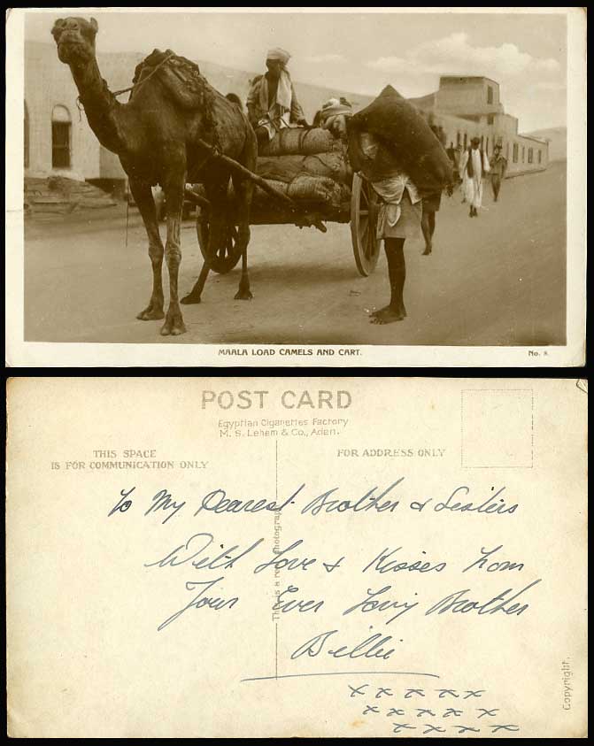 ADEN Maala Load Camels & Cart Coolies Street Scene Yemen Old Real Photo Postcard