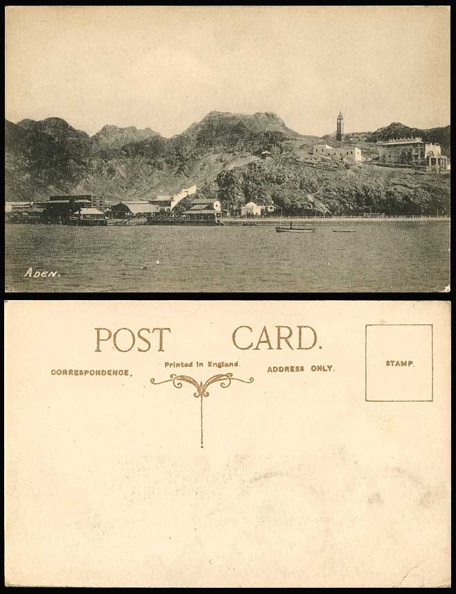 ADEN Yemen Old Postcard Tower Building Wharf Quay Boats Hills Mountains Panorama