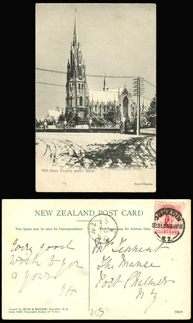 New Zealand 1d 1905 Old Postcard First Church of Otago Under Snow Winter Dunedin