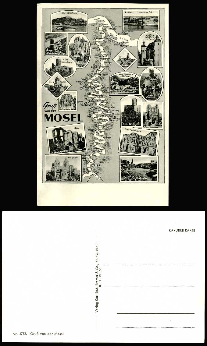 Germany MAP Gruss von der MOSEL Trier Porta Nigra Koblenz Alte Burg Old Postcard