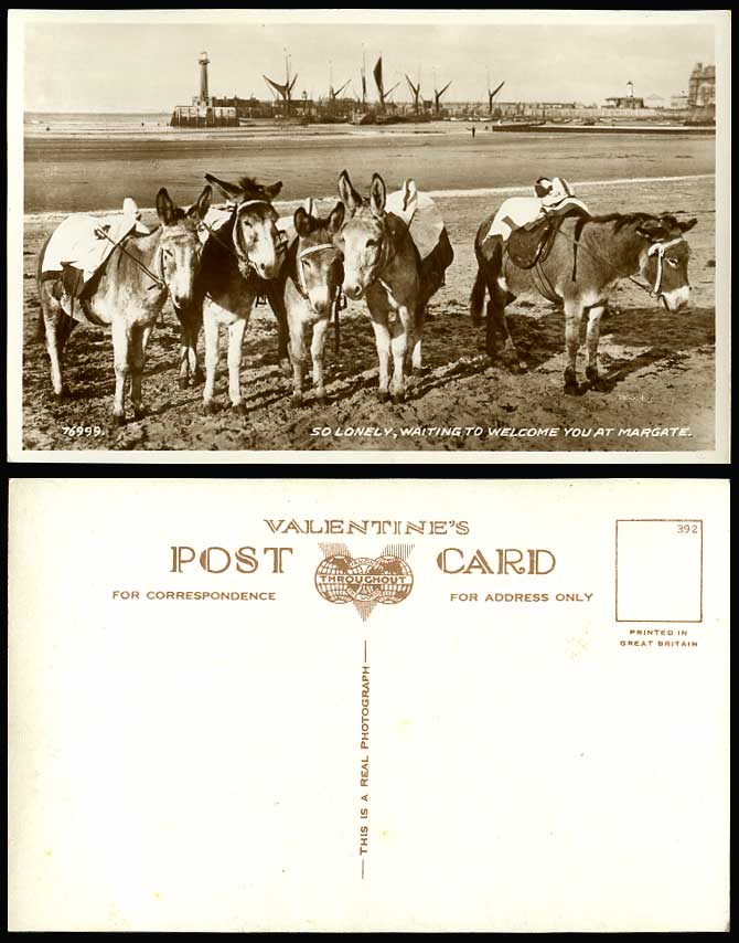 Margate Donkeys, So Lonely Waiting to Welcome You, Beach Lighthouse Old Postcard