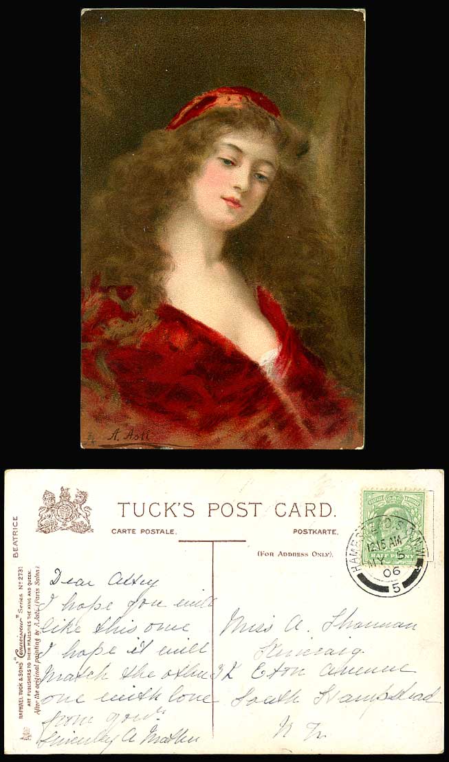 A. Asti Artist Signed Beatrice, Glamour Lady Woman Girl 1906 Old Tuck's Postcard