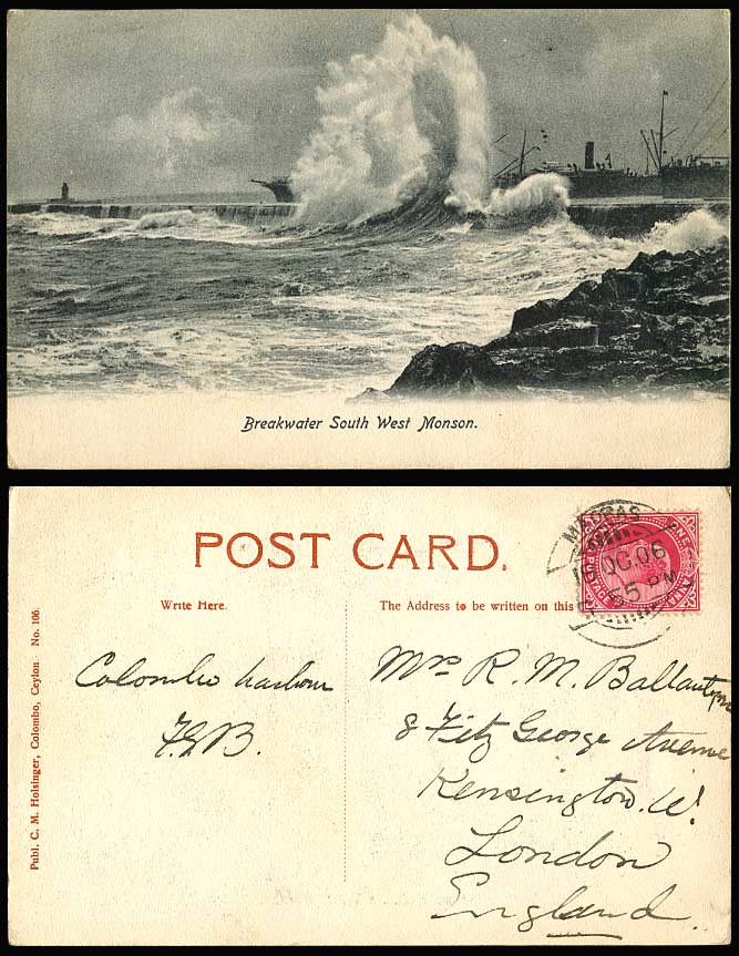 Ceylon KE7 1a. on 1906 Old Postcard Breakwater South West Monson Monsoon Colombo
