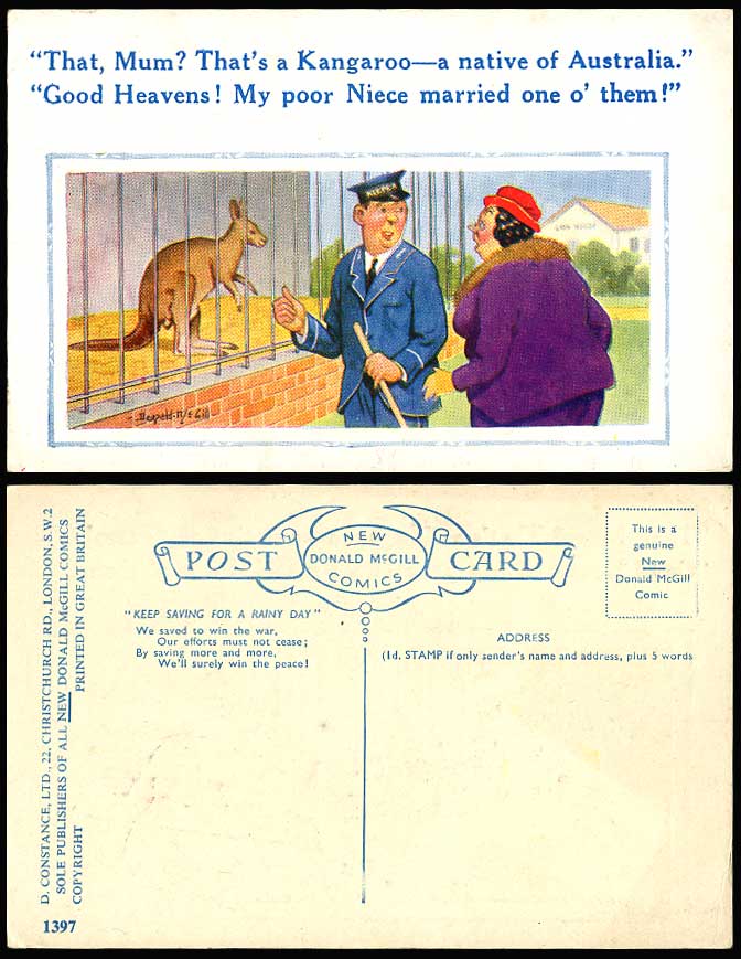 Donald McGill Old Postcard Kangaroo Native of Australia Zoo Keeper Fat Lady 1397