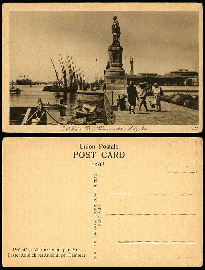 Egypt Old Postcard Port Said First View on Arrival by Sea Lesseps Statue Steamer