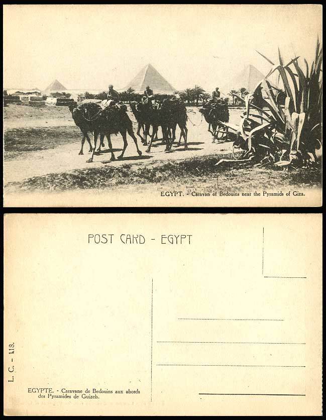 Egypt Old Postcard Camel Caravan of Bedouins near GIZA PYRAMIDS Camels Aloe Vera
