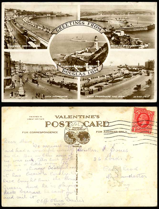 Isle of Man 1936 Old Postcard Douglas Head Lighthouse, Bay Breakwater Promenades